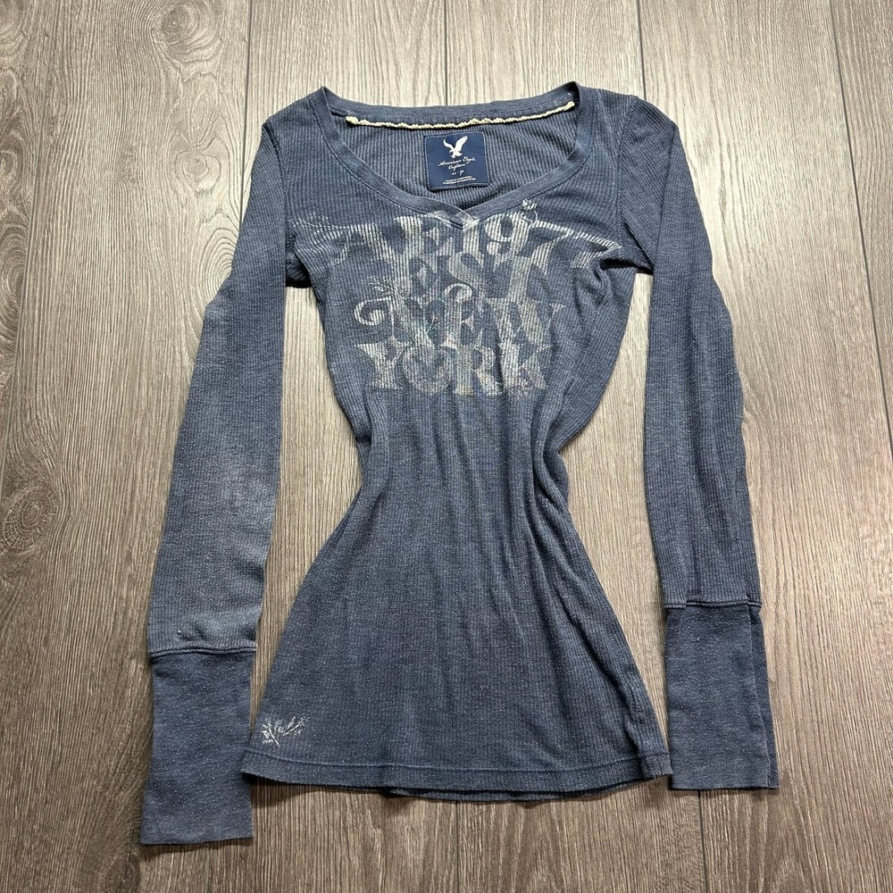 American Eagle Womens XS Blue Thermal Waffle Knit Graphic Long Sleeve Top Y2K